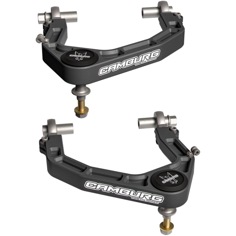 Camburg KINETIK Series gray anodized billet aluminum uniball upper control arms with FK heim joints and stainless hardware.