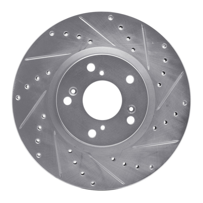 Silver finished front right brake rotor with cross-drilled holes and diamond-cut slots.