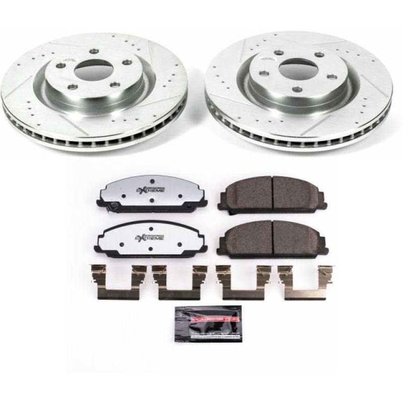 Power Stop Z26 Street Warrior front brake kit with drilled and slotted rotors, carbon-fiber ceramic pads, and hardware.