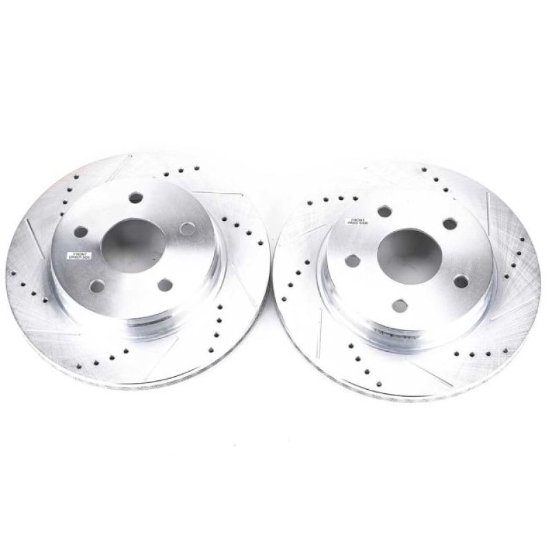 Pair of silver zinc-plated Power Stop Evolution cross-drilled and slotted front brake rotors