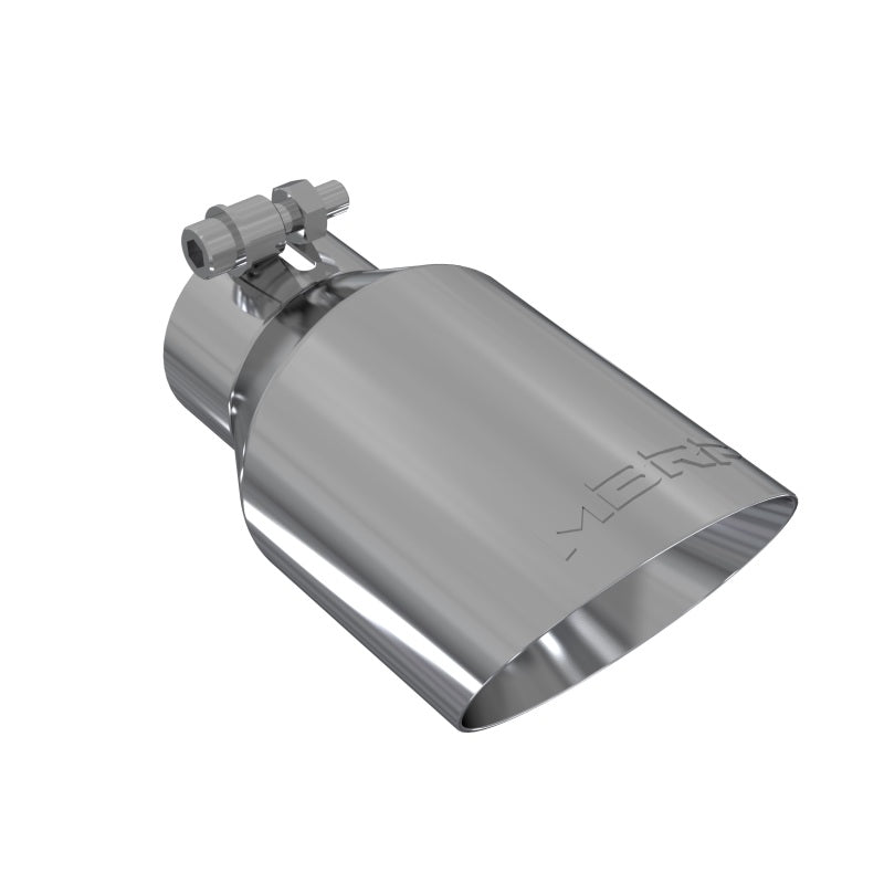 MBRP mirror-polished T304 stainless steel dual-wall angled exhaust tip with 4-inch outlet and 2.5-inch inlet
