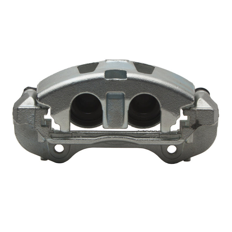 Silver zinc coated DFC premium front brake caliper assembly showing piston and mounting bracket.