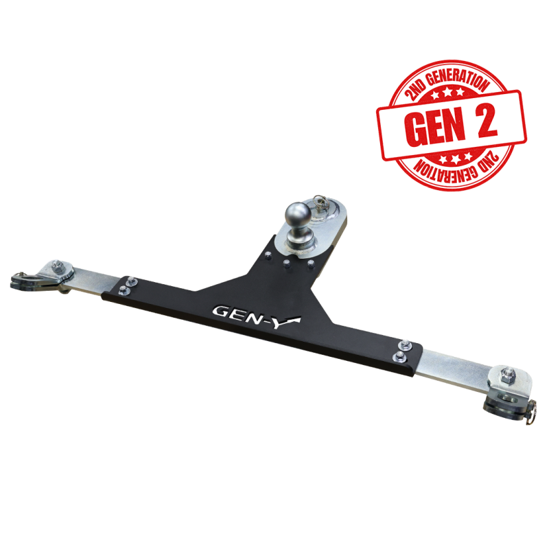 Gen-Y GH-21014 GoosePuck II 5-inch offset gooseneck ball mount with safety chain anchors for RAM puck systems.