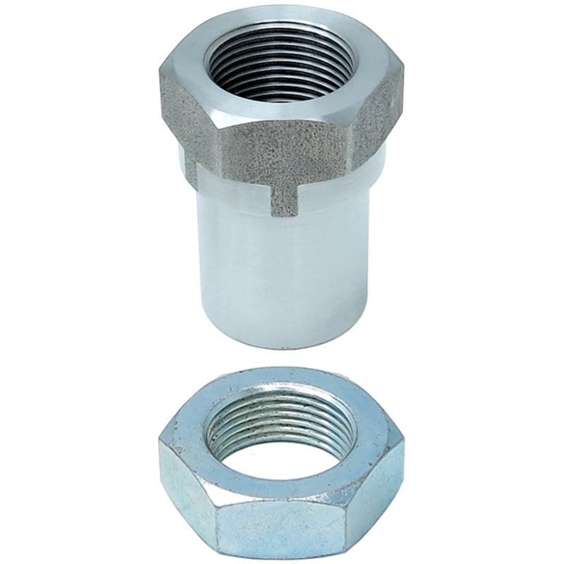 Machined hex-shaped weld-in threaded bung with matching jam nut for 1-1/4 inch-12 right hand threads.