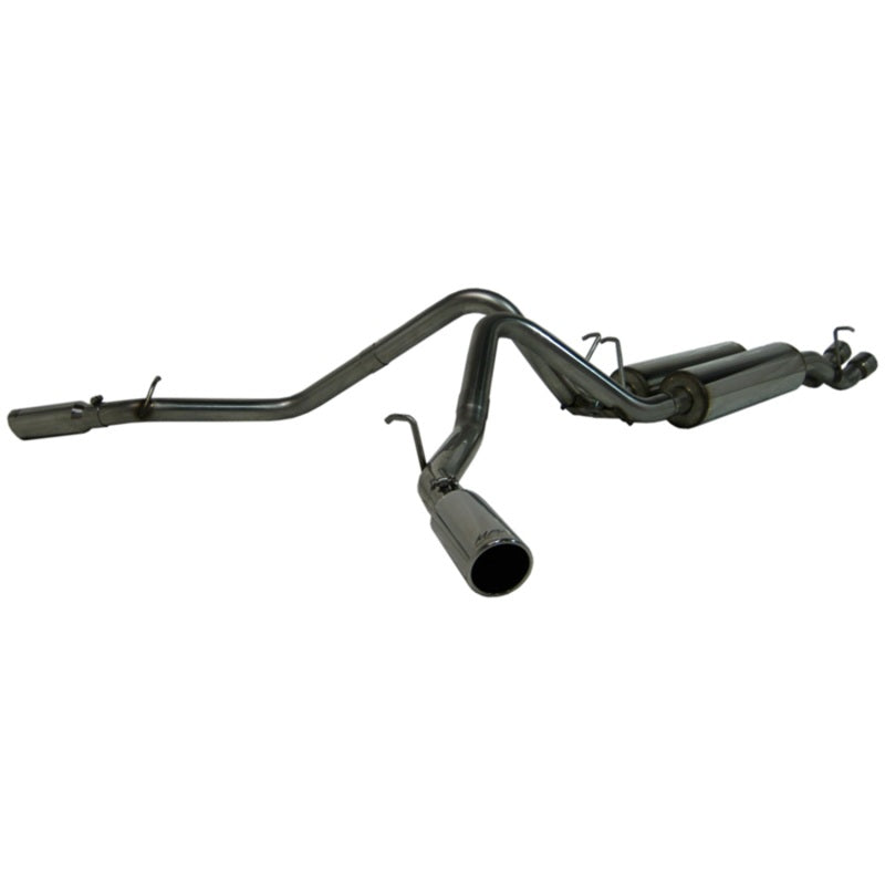 MBRP Armor Plus Series T409 stainless steel cat-back exhaust system with dual split side exit and polished tips.