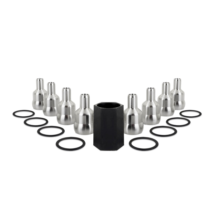Mishimoto high pressure oil rail ball tube kit featuring eight stainless steel tubes, Viton O-rings, and installation tool