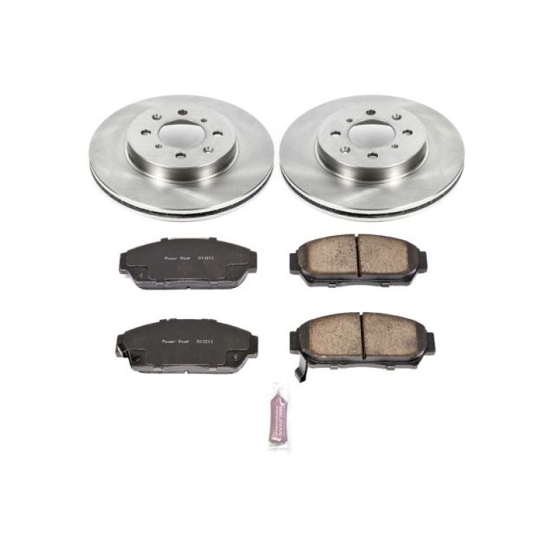 Power Stop KOE692 Z17 front brake kit featuring two mill-balanced rotors, ceramic brake pads, and stainless hardware.