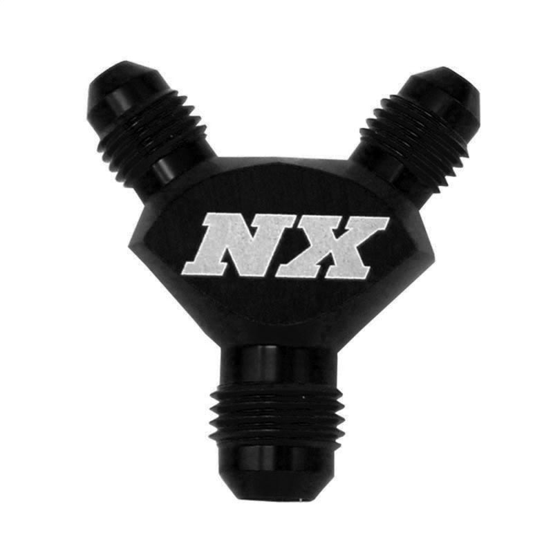 Black anodized Nitrous Express Pure-Flo one-piece billet 6AN x 6AN x 6AN Y-fitting.