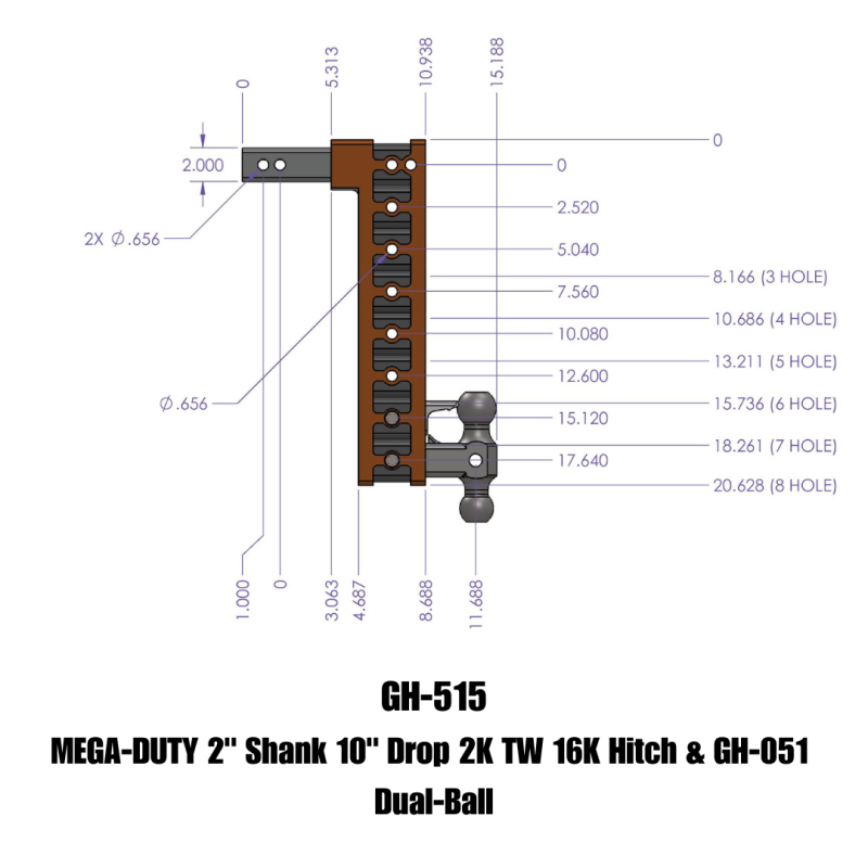 Gen-Y Mega Duty adjustable drop hitch with 2-inch shank, 10-inch drop, and GH-051 dual-ball mount