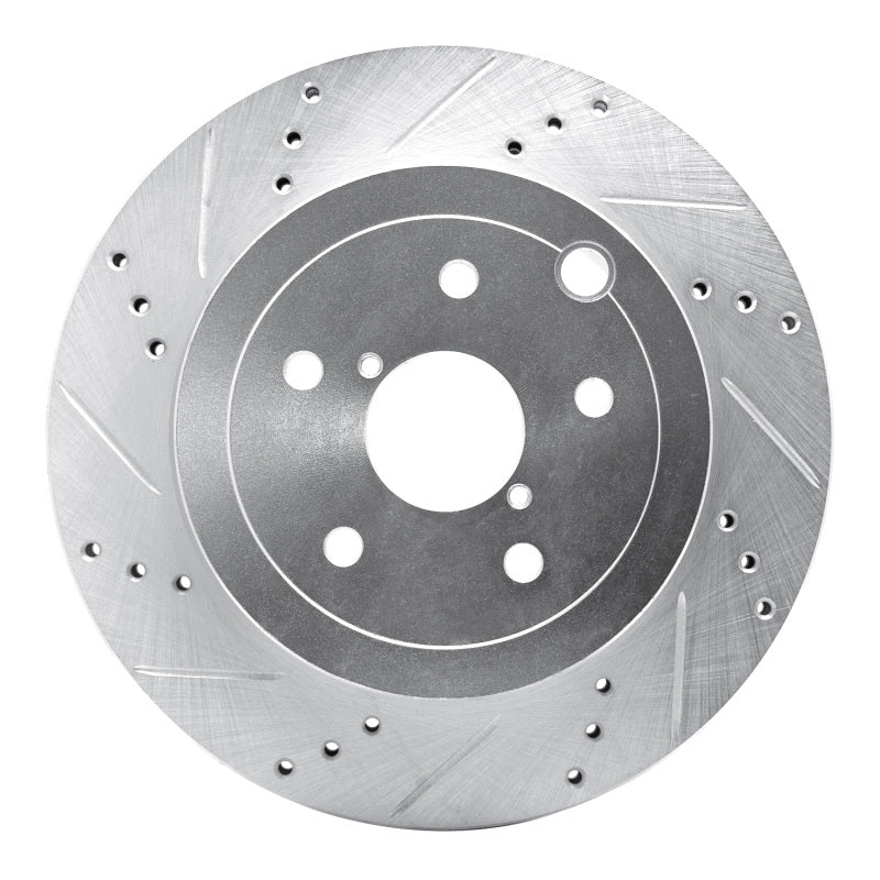 R1 Concepts silver rear left drilled and slotted brake rotor for Subaru WRX and WRX STI