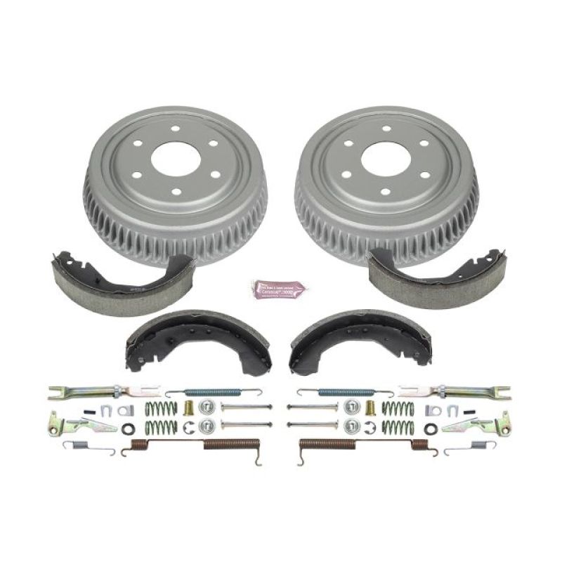 Power Stop Autospecialty rear brake kit featuring two silver coated drums, a set of brake shoes, and hardware components.