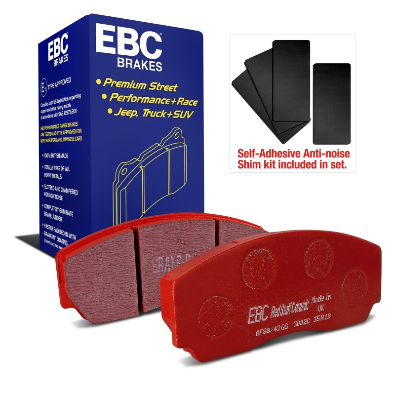 EBC Redstuff ceramic front brake pads with red powder coat finish and Brake-In surface coating