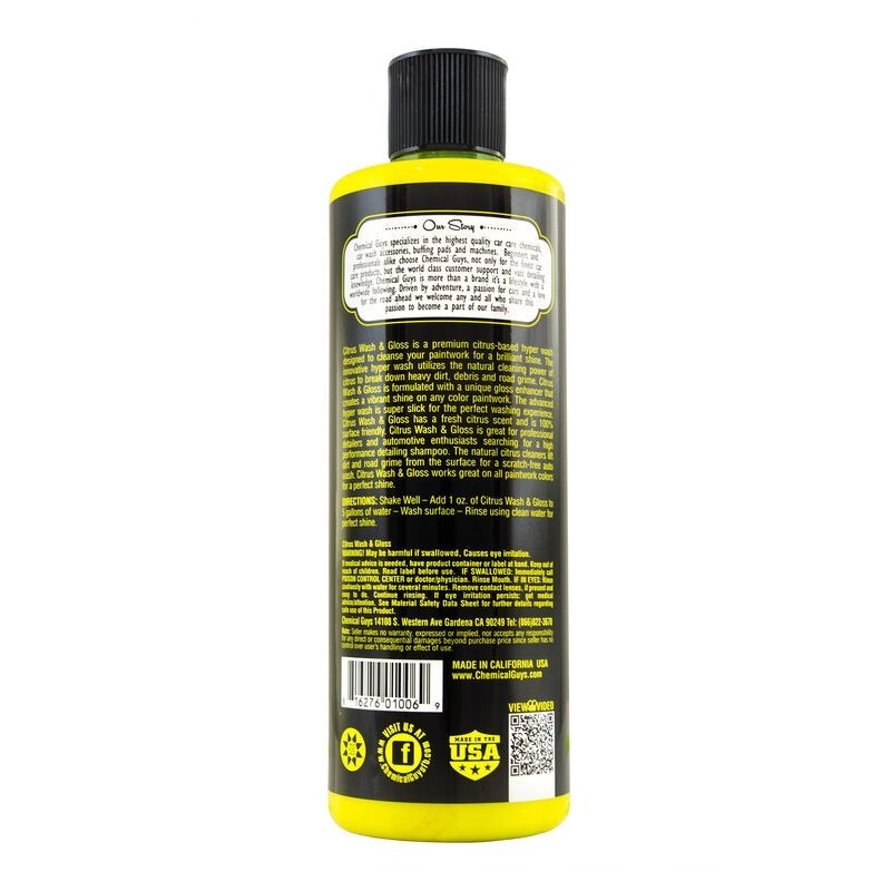 16oz bottle of yellow Chemical Guys Citrus Wash & Gloss Concentrated Car Wash soap and gloss enhancer.