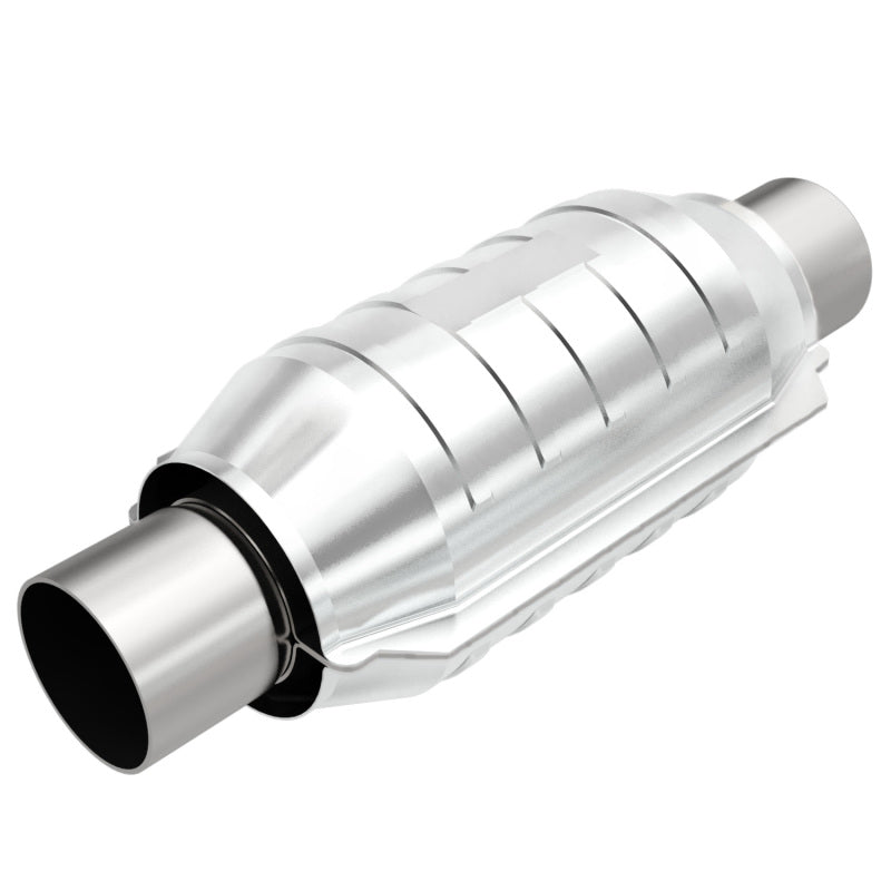 MagnaFlow 54306 2.5-inch universal catalytic converter with 409 stainless steel body and MIG welds.