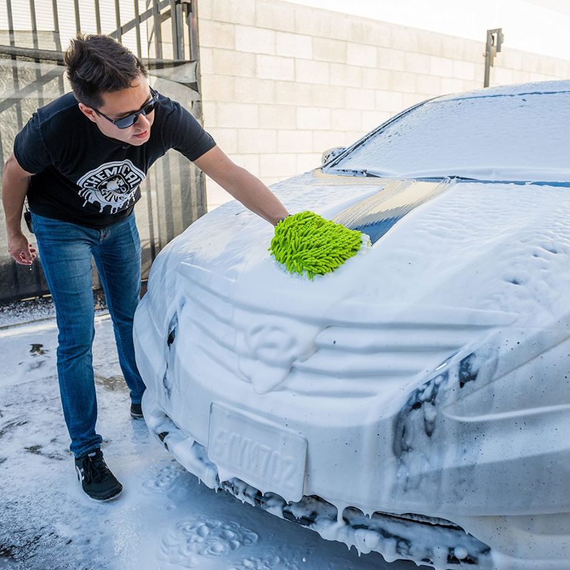 Bright green chenille microfiber wash mitt featuring plush noodles and a tight elastic wrist cuff.