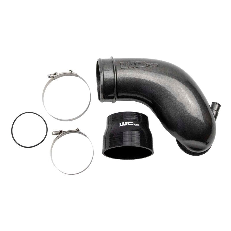 Gloss black cast aluminum 3.5-inch intake horn with 4.8-inch inlet, silicone boot, and T-bolt clamps.