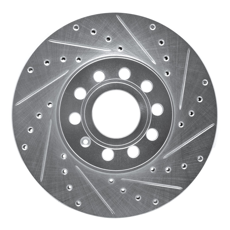 Silver zinc-plated front right drilled and slotted performance brake rotor