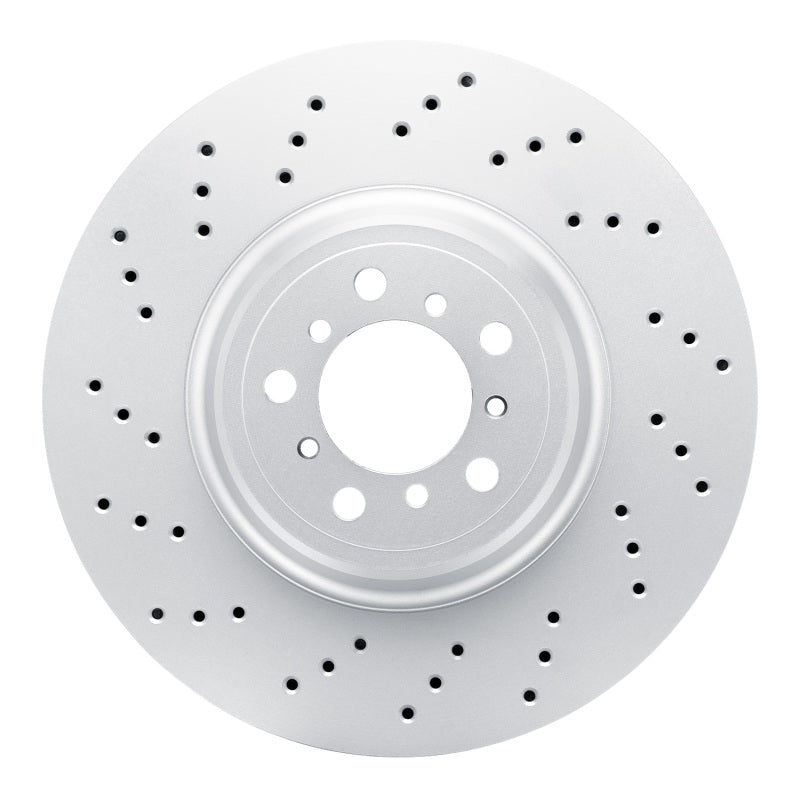 DFC GeoSPEC series cross-drilled left front brake rotor with silver anti-corrosion coating for BMW M2, M3, and M4.