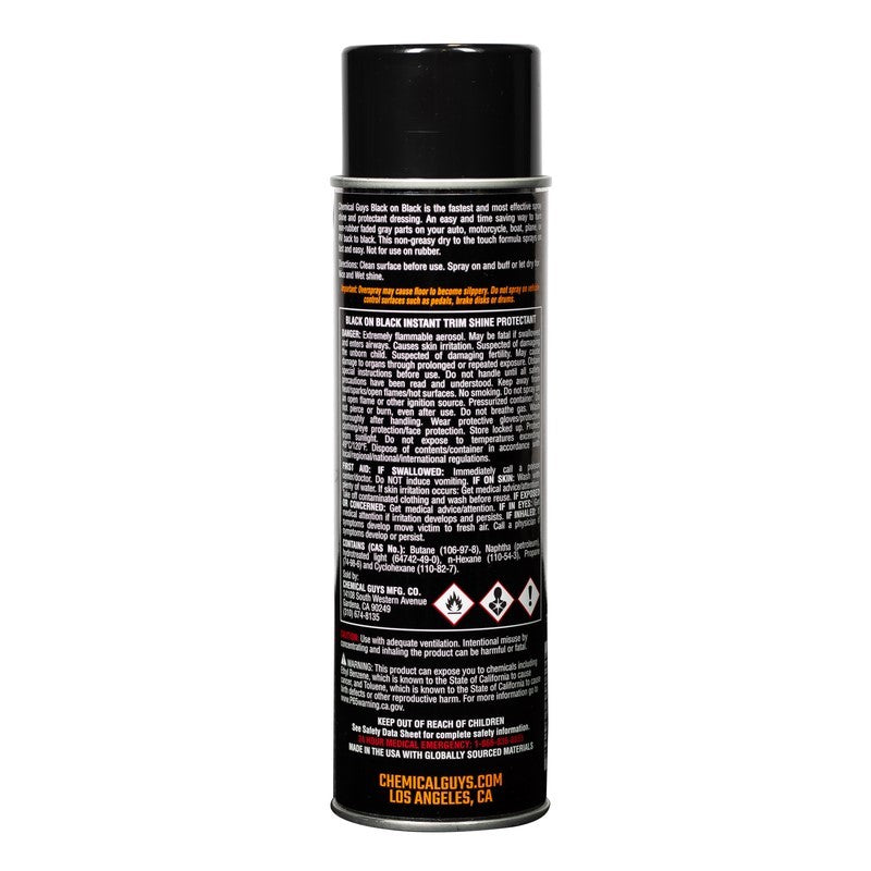 Chemical Guys Black on Black Instant Trim Shine 11oz aerosol spray can for automotive plastic and rubber restoration.