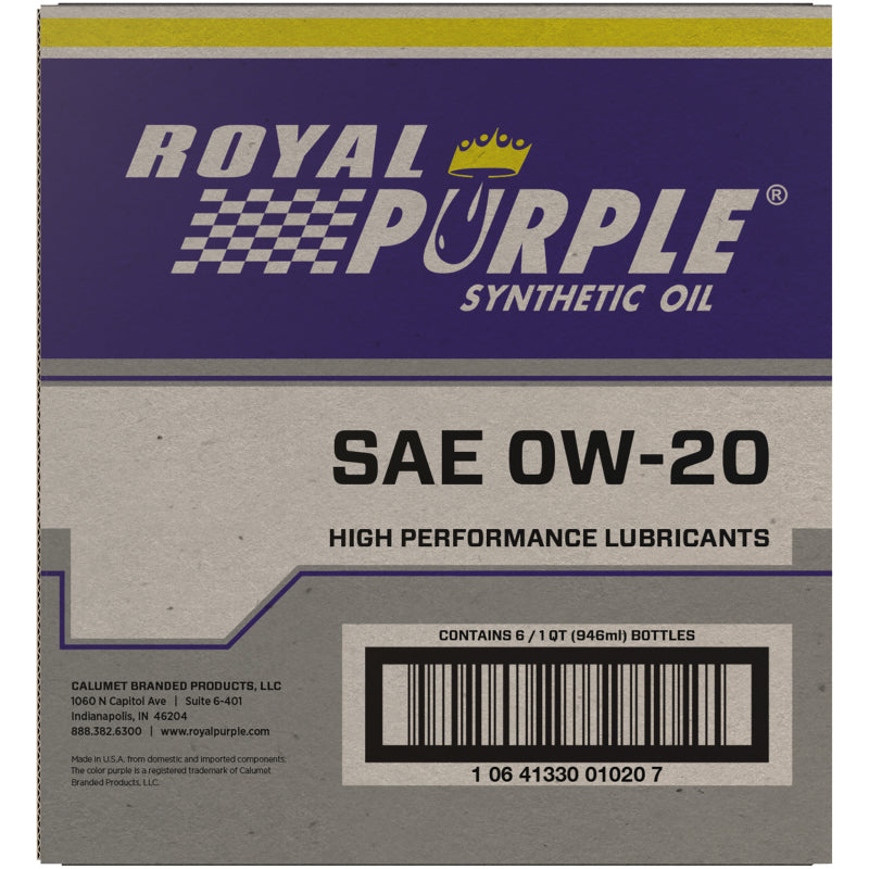 One quart bottle of Royal Purple High Performance 0W-20 synthetic motor oil with purple label.