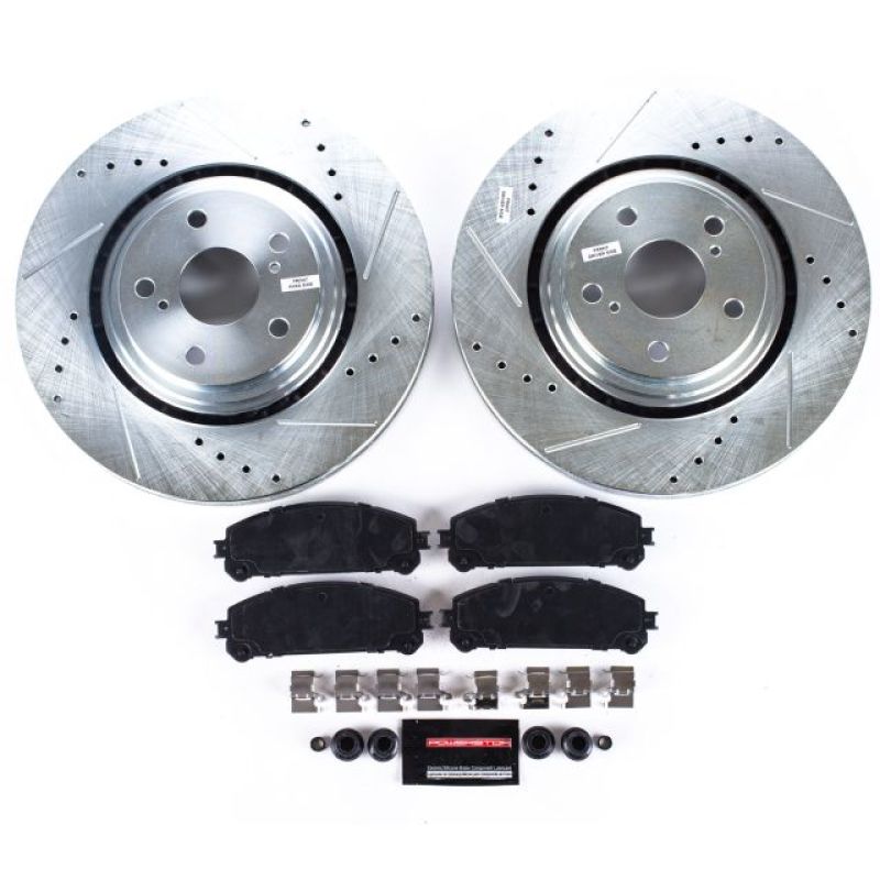 Power Stop Z23 Evolution Sport front brake kit with drilled and slotted zinc-plated rotors and carbon-fiber ceramic pads.