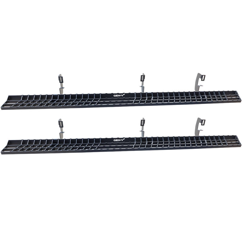 Gen-Y black powder-coated steel running boards with anti-slip criss-cross pattern for Ford F-Series Crew Cab trucks.