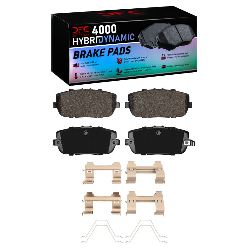 DFC 4000 HybriDynamic rear brake pads with metal hardware clips for Mazda MX-5 Miata and Fiat 124 Spider.
