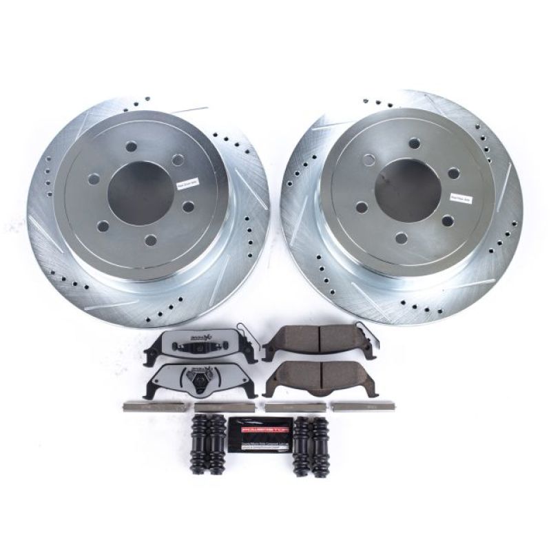 Power Stop Z36 rear brake kit featuring two drilled and slotted zinc-plated rotors and a set of carbon-fiber ceramic pads.