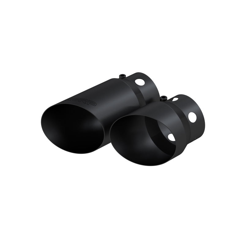 MBRP black stainless steel dual exhaust tip cover set with 4-inch inlet, 5-inch outlet, and staggered lengths.