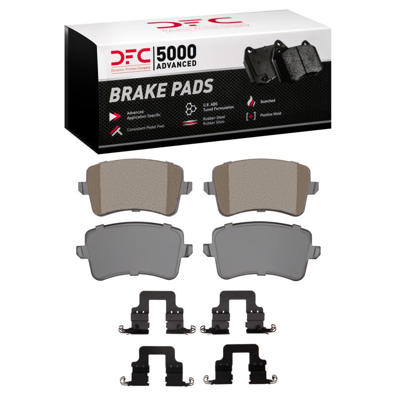 DFC 5000 Advanced rear ceramic brake pads with stainless steel abutment clips and installation hardware