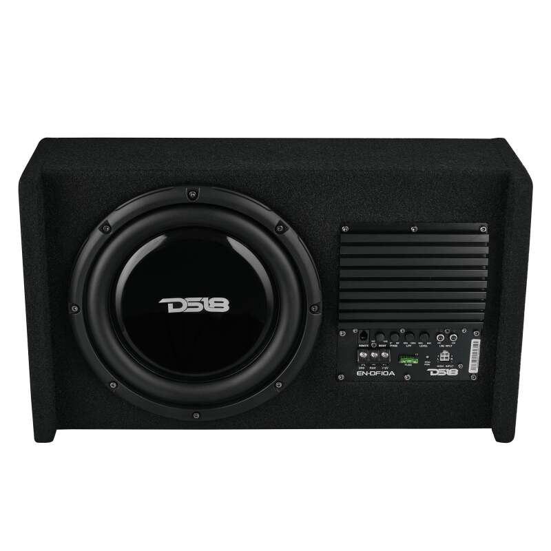 DS18 EN-DF10A 10-inch amplified shallow down-firing subwoofer enclosure with black carpet finish.