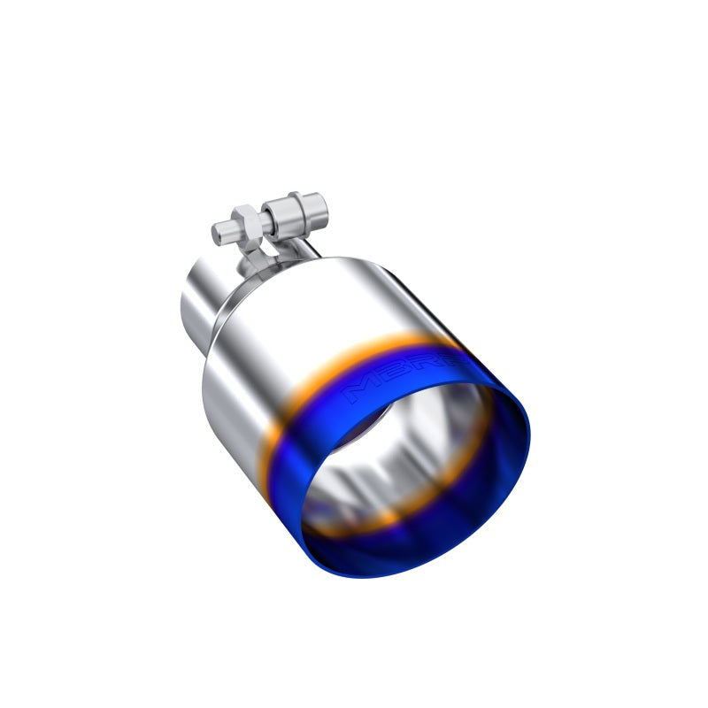 MBRP T304 stainless steel exhaust tip with a blue burnt finish and angle-cut 4-inch outlet