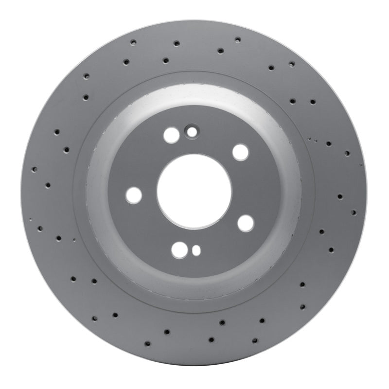 DFC GeoSPEC coated and drilled rear brake rotor for Mercedes-Benz S-Class with grey corrosion-resistant finish.