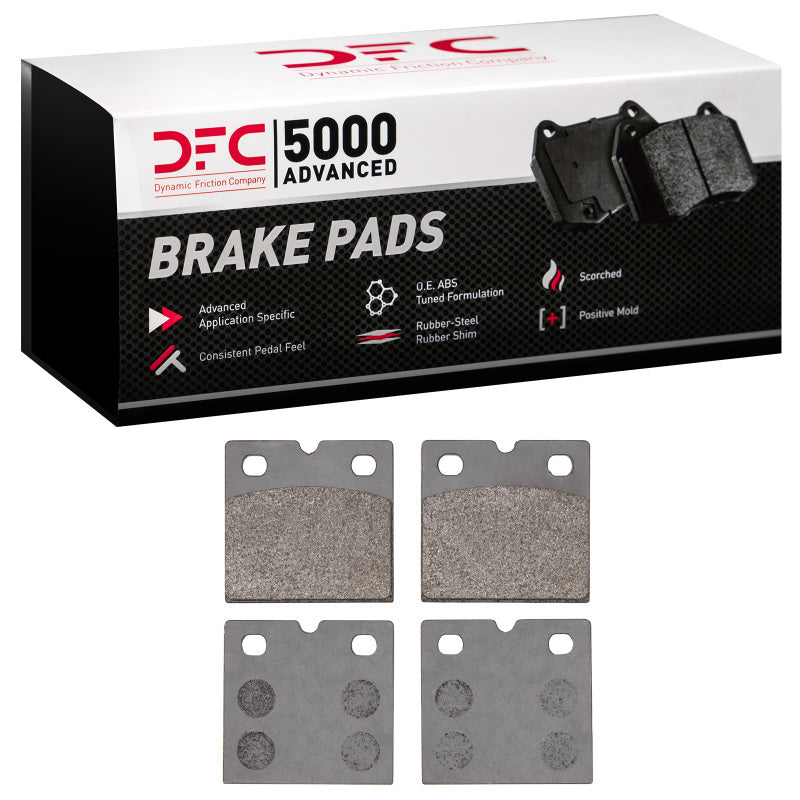A set of DFC 5000 Advanced Low Metallic parking brake pads for performance vehicles including Audi R8 and Tesla Model S.