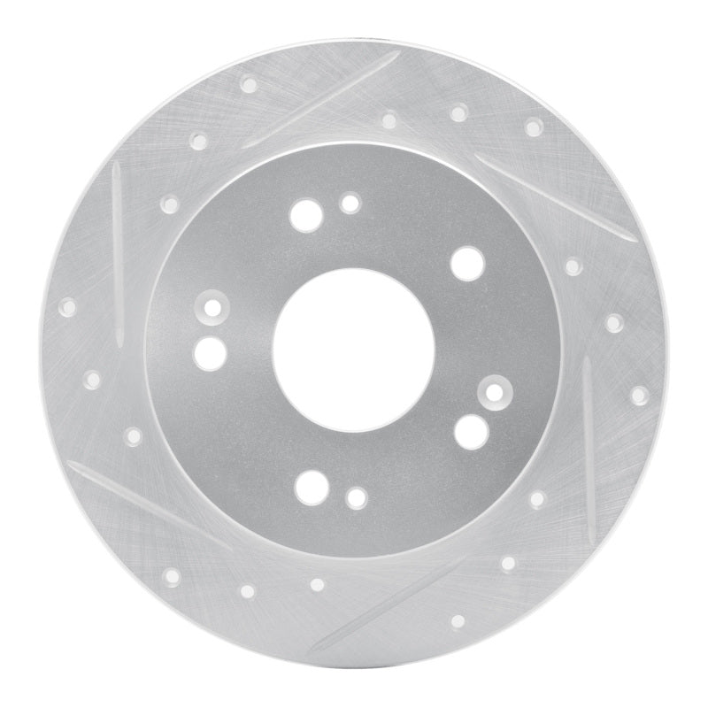 R1 Concepts rear left silver drilled and slotted performance brake rotor