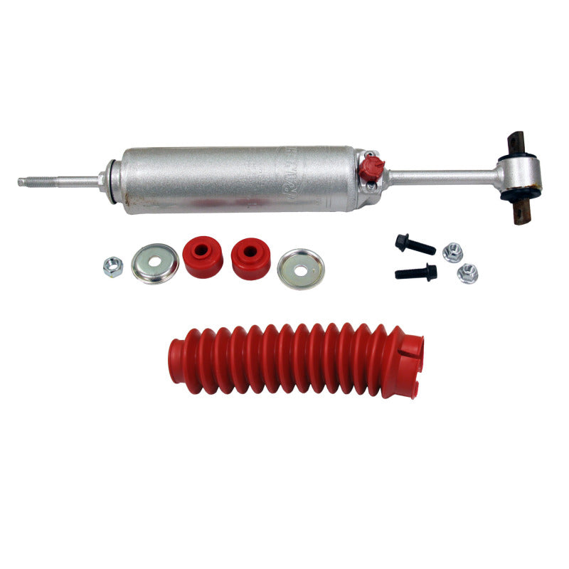 Rancho RS9000XL front shock absorber with manual adjustment knob, metallic finish, and red protective boot