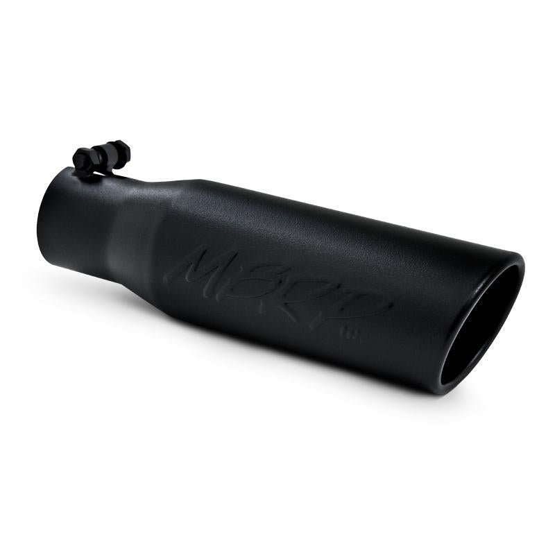 MBRP black T304 stainless steel exhaust tip with 2-inch inlet, 3-inch angled rolled outlet, and bolt-on clamp.