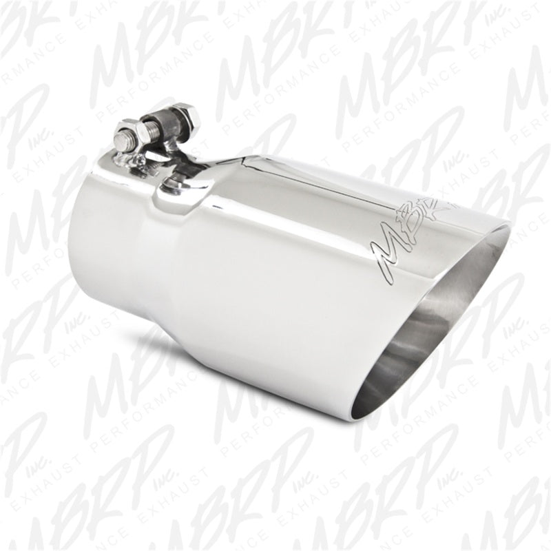 MBRP mirror polished T304 stainless steel dual wall angled exhaust tip with 3-inch inlet and 4-inch outlet.