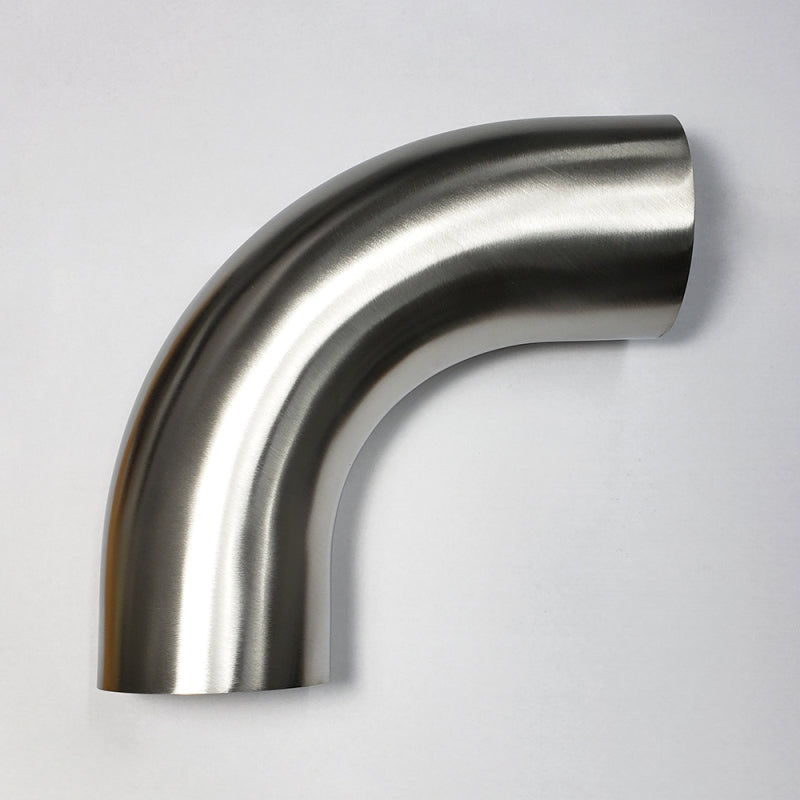 Stainless Bros 90-degree mandrel bend showing a 2.65-inch center line radius and 2-inch straight legs.