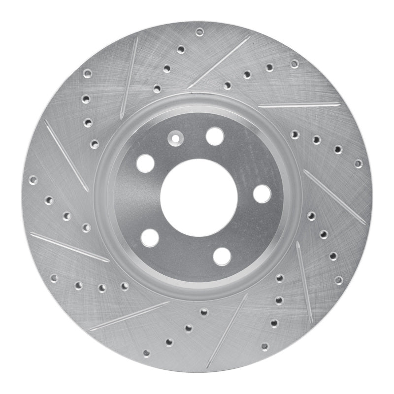 R1 Concepts 631-73065L silver-finished front left brake rotor with drilled holes and diamond-cut slots.