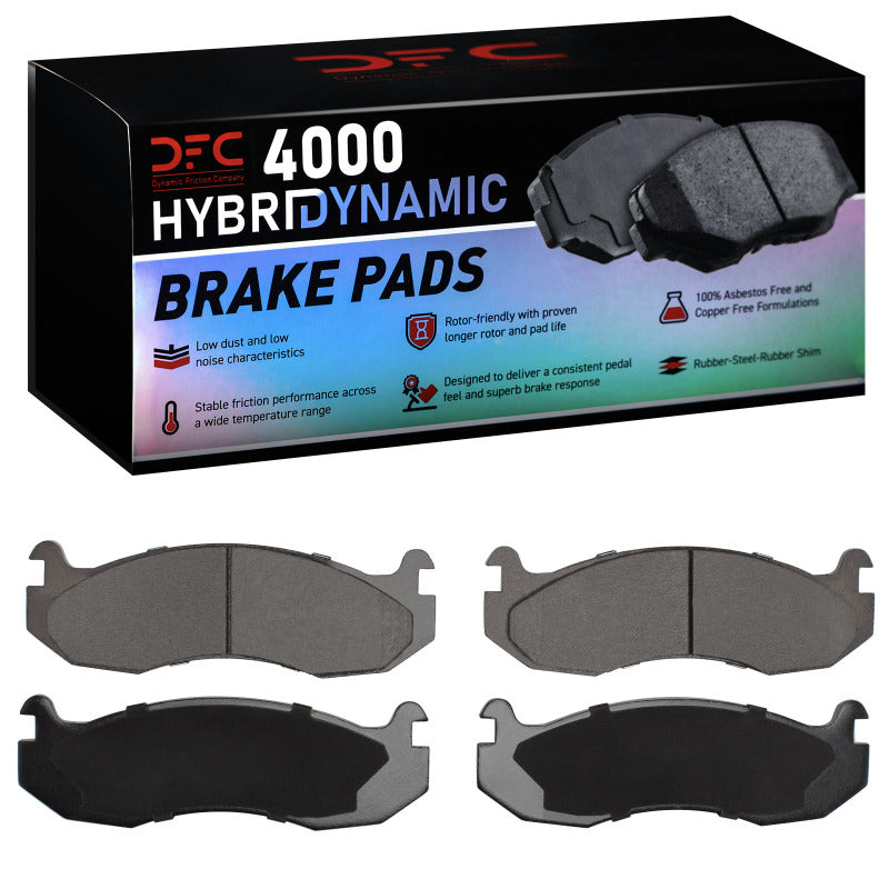 Set of DFC 4000 Hybridynamic front brake pads with friction material and backing plates visible.