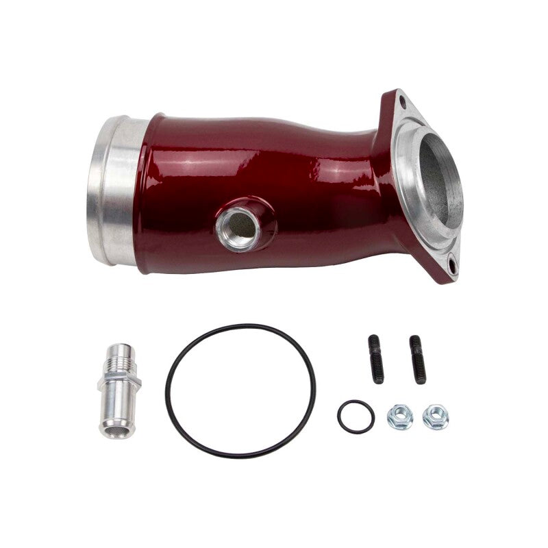 WCFab Red powder-coated 4-inch cast aluminum high flow turbo intake horn for 6.6L L5P Duramax engines.