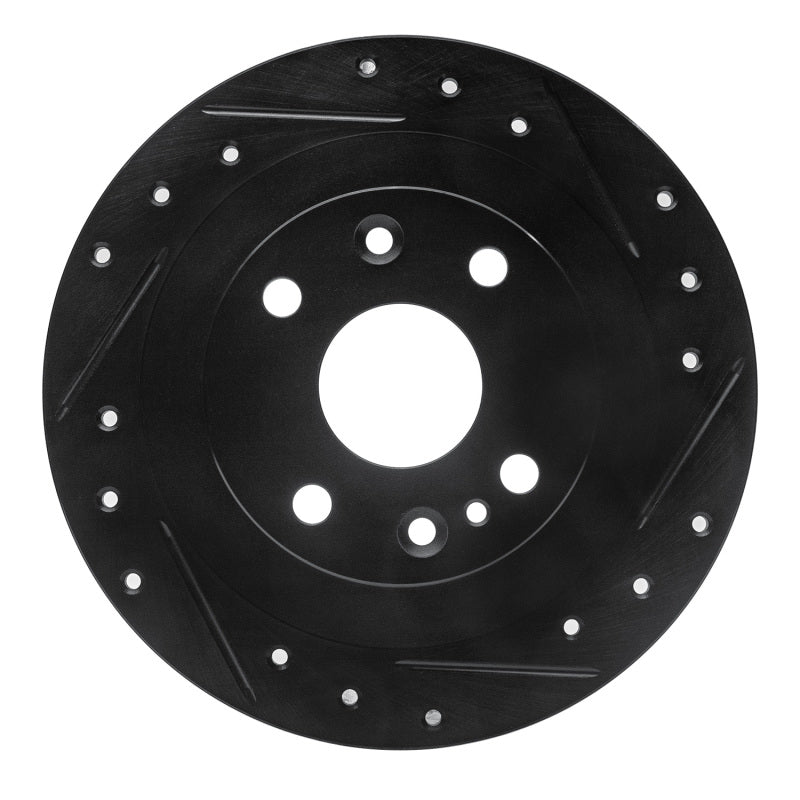 R1 Concepts black rear right brake rotor with cross-drilled holes and machined slots.