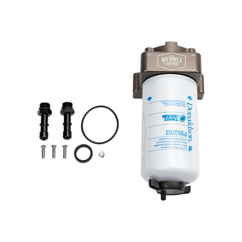 Gray anodized WCFab billet aluminum fuel filter housing kit with Donaldson 4-micron spin-on filter.
