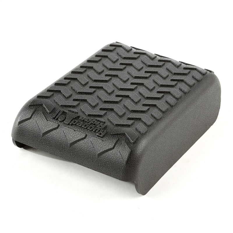 Black Rugged Ridge All-Terrain center console cover with aggressive tire tread pattern for 2007-2010 Jeep Wrangler.