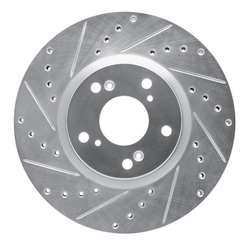 Silver-finished front left drilled and slotted brake rotor with central hub