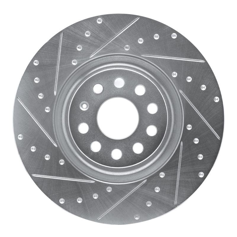 Silver finish drilled and slotted front left brake rotor for Audi and Volkswagen performance applications.
