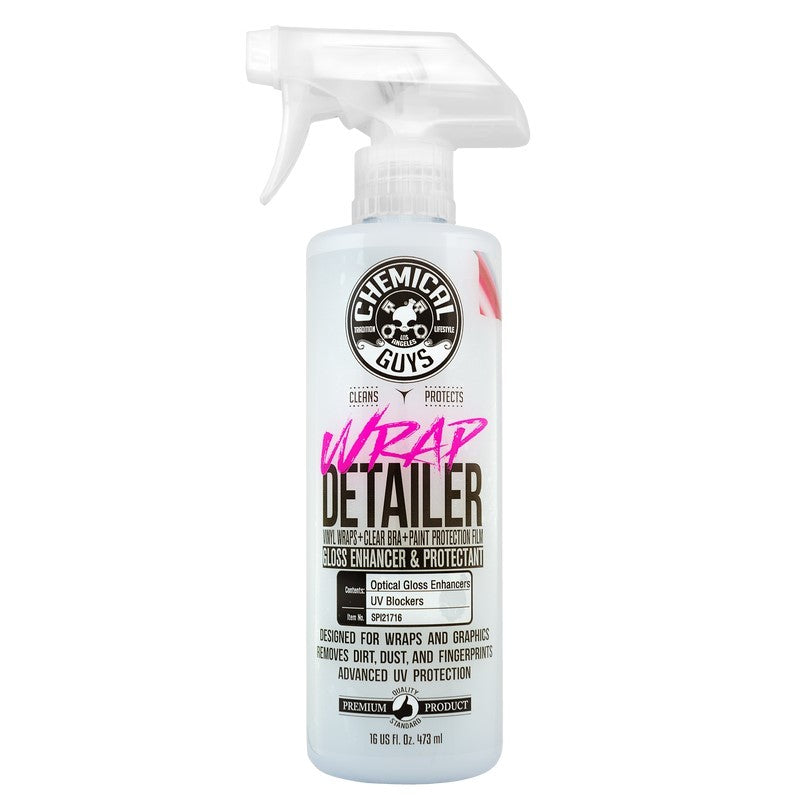 16oz clear spray bottle of Chemical Guys Wrap Detailer featuring yellow liquid and a yellow trigger spray nozzle.