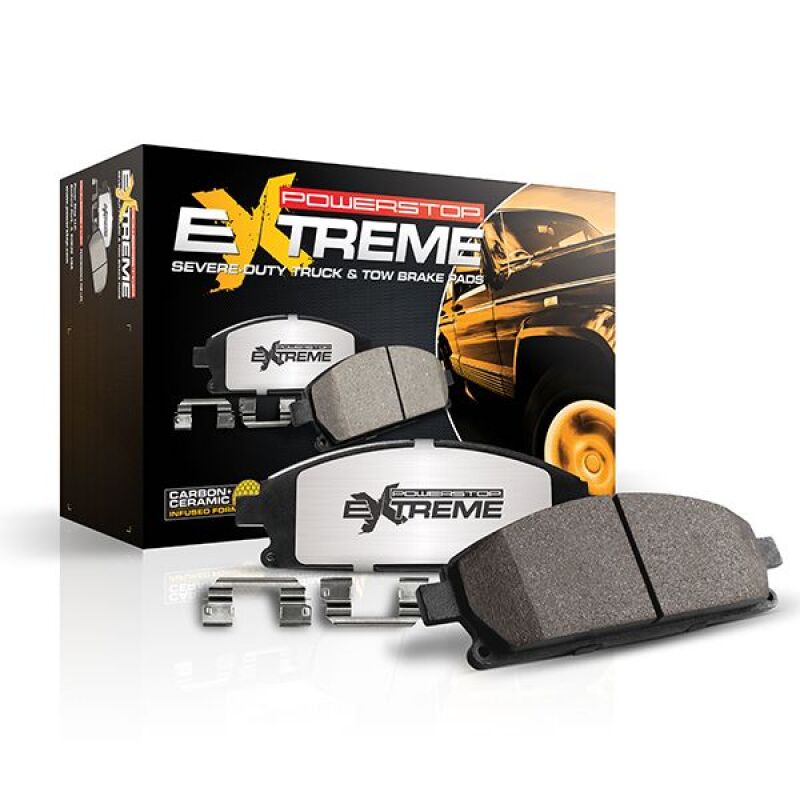 Power Stop Z36-2490 carbon-fiber ceramic front brake pads with stainless steel hardware for Ford Super Duty trucks.
