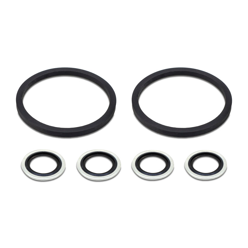 Mishimoto oil cooler service kit featuring two black square-cut O-rings and four metal-reinforced Dowty oil seals.